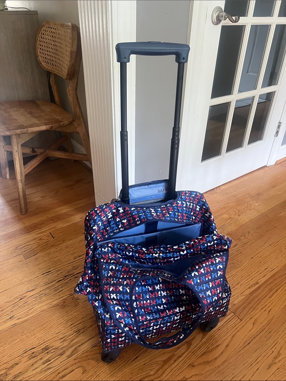 Rolling Tote Luggage Bag in Navy Butterfly Print